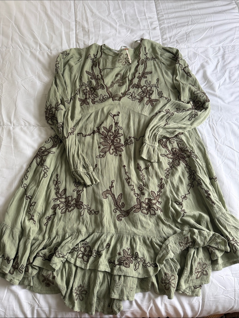 Free People Sage Green Embroidered Tiered Boho Dress